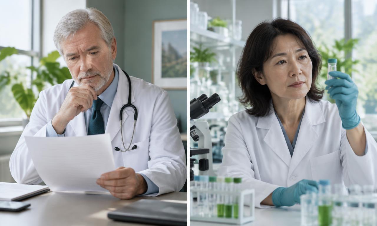 High-contrast documentary split image. Left: Dr. Robert Miller in a consultation room holding a clinical lab report with an expression of intense focus. Right: Dr. Akiko Mori examining a botanical lipid chromatography scan in a Yokohama laboratory. Natural lighting, editorial publication style, zero glossy stock-photo artifice.