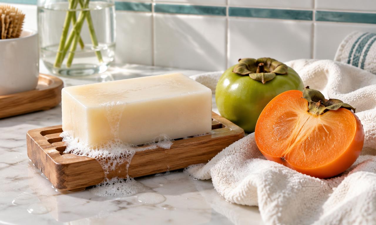 Elegant, calm photograph of a solid bar of Kojiderm Soap resting on a grooved cedar draining dish beside sliced unripe green Japanese persimmons and loose Japanese green tea leaves. A rich, dense, lotion-like white lather is visible on a damp linen cloth. Natural bathroom light, clean tiles, zero stock-photo models.